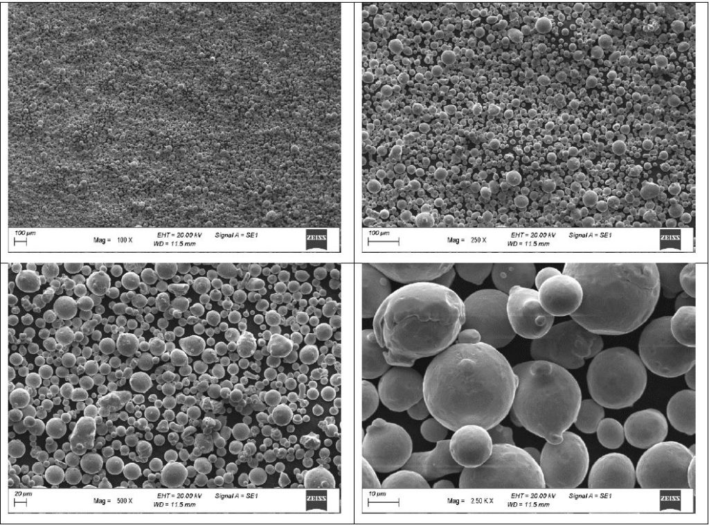 Immagini al microsopio di alcune polveri sperimentali per l'Additive Manufacturingesaminate nel corso della ricerca.